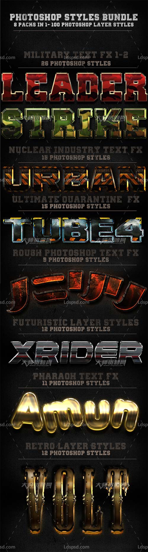 100 Photohop Styles - 8 In 1-The Bundle,PS图层样式－100个金属效果(8套合集)